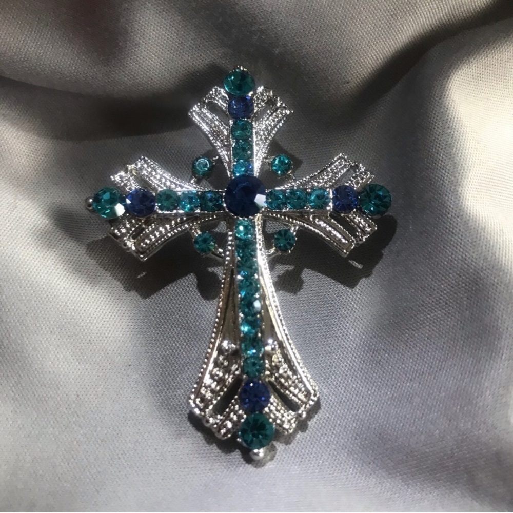 Silver Cross Brooch with Teal and Blue Crystals - Women's Jewelry